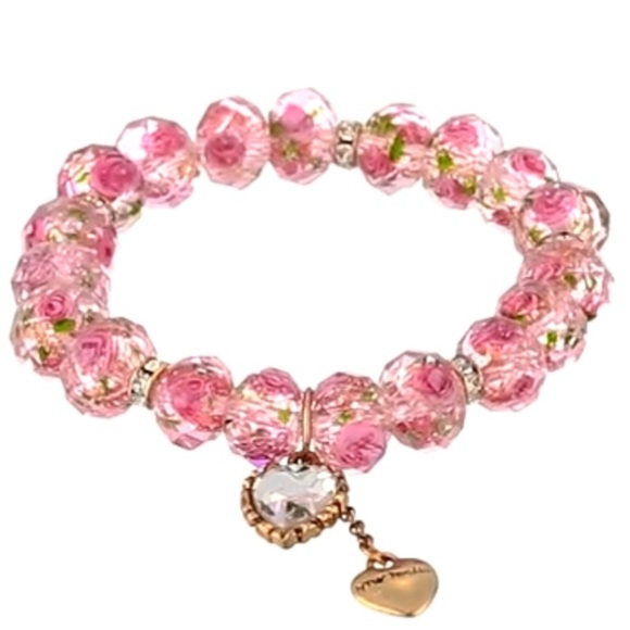 Betsey Johnson glass rose beads Pink Floral Bracelet gold hearts charms - Picture 2 of 4